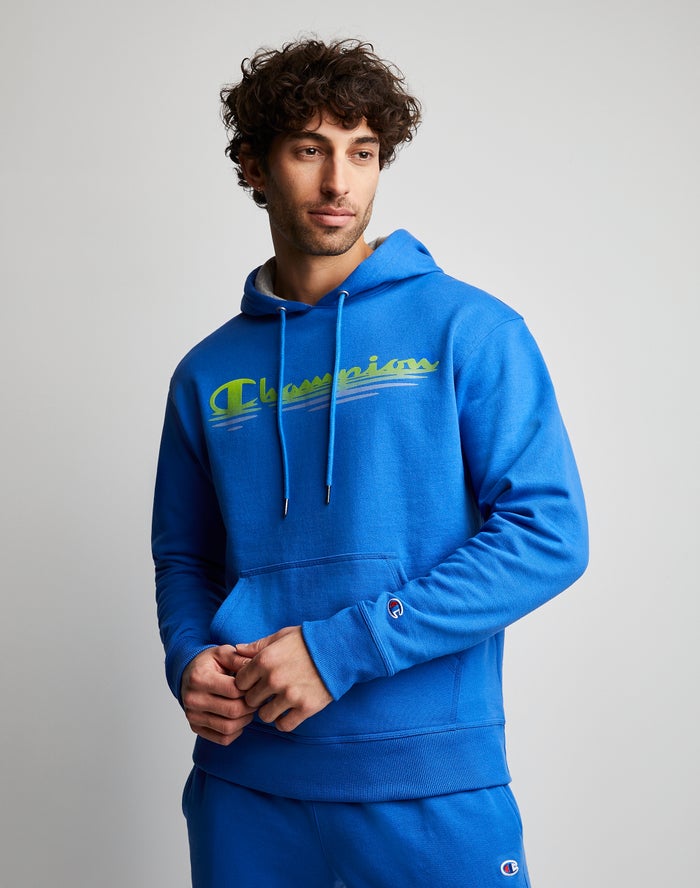 Champion Powerblend Fleece Ripple Effect Erkek Kapşonlu Sweatshirt Mavi ( MIUGFO825 )